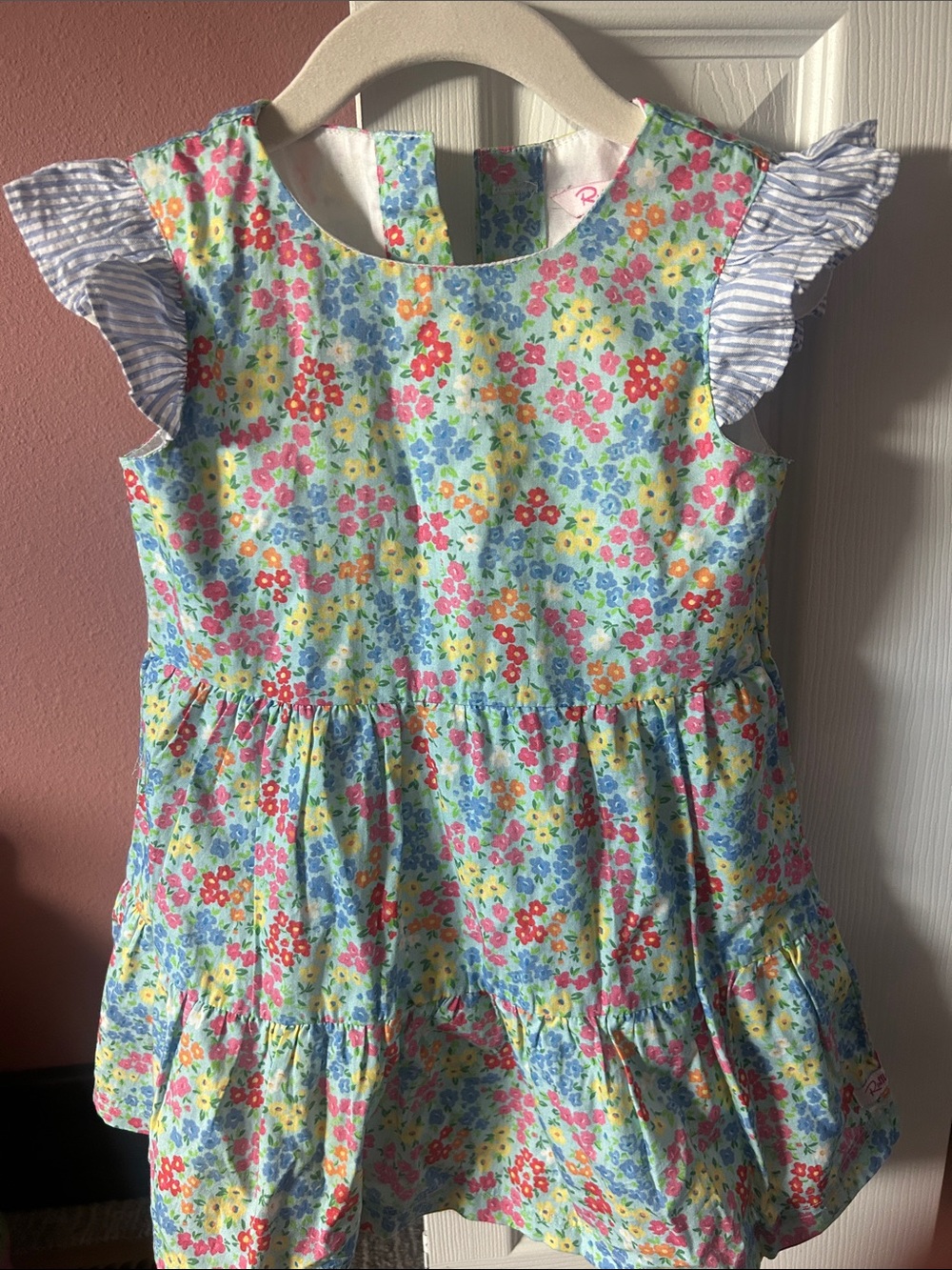 RuffleButts Floral Dress with Pink Label - Blue, Pink, Green, Yellow